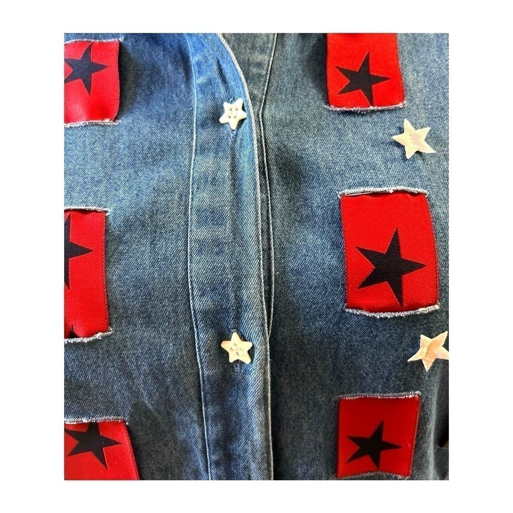 Vtg Denim Stars Stripes Shirt Top Size XL Button Up Primitive Patriotic Country - Picture 6 of 7